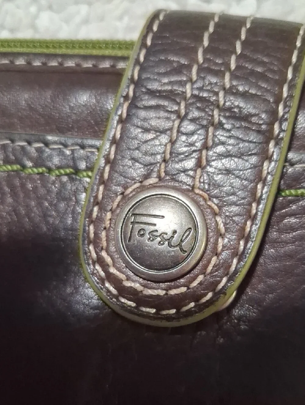Fossil Dark Brown Wallet with Olive Green Zip Accent